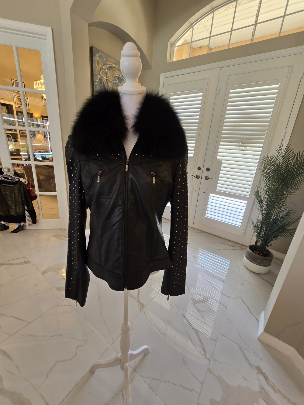 Cache Black Studded Faux Fur Collar Leather Jacket